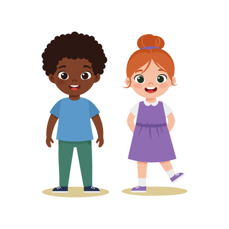 Illustration shows two children standing side by side smiling happily with casual clothes and bright expressions cheerful moodのイラスト素材
