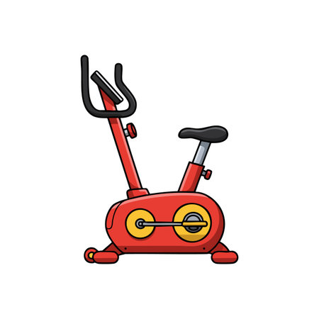 Red exercise bike designed for indoor fitness and cardio training, featuring pedals, seat, and handlebars in a clean vector style. Energetic mood.のイラスト素材