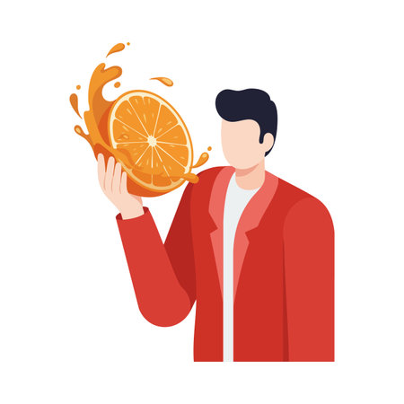 Vector illustration of a man holding a fresh orange slice with juice splash, wearing a red jacket, creating a lively and vibrant scene. Energetic.のイラスト素材