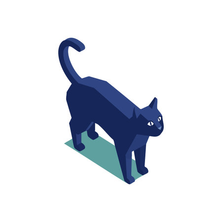 This vector shows a black cat standing with a raised tail in geometric isometric style, casting a shadow, in a minimalist design. Calm mood.のイラスト素材