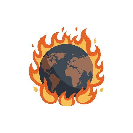 Illustration of Earth globe surrounded by orange flames representing global warming and climate change risks, conveying urgency and danger mood.のイラスト素材