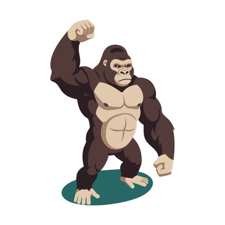 The gorilla stands firmly with raised fist showing strength and power in a confident stance. The...