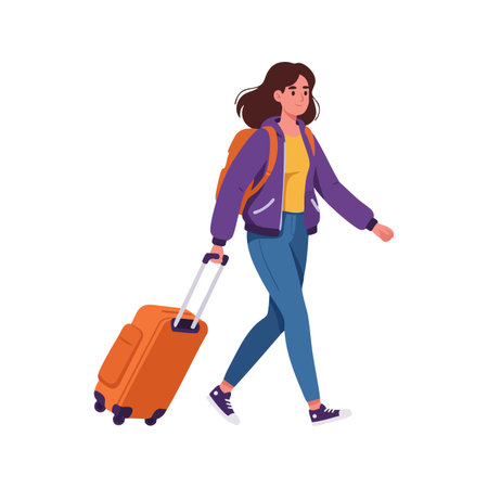 Woman walks confidently pulling an orange suitcase and wearing a backpack, dressed casually for travel or commute, modern and dynamic mood.のイラスト素材