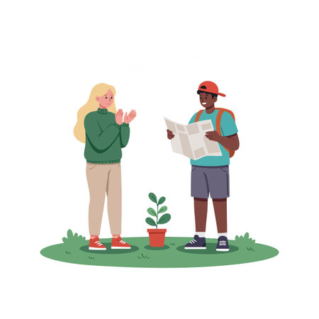 Two young people stand on grass with a plant pot, one reading a map while the other claps, conveying curiosity and friendship mood.のイラスト素材