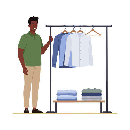 Illustration of a smiling man in casual wear standing next to a clothing rack with hanging shirts and stacks of folded clothes, cheerful mood.のイラスト素材