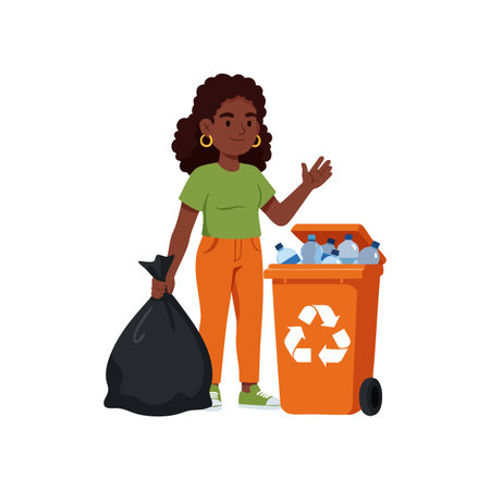 Young woman stands near orange recycling bin filled with plastic bottles, holding a black garbage bag, promoting eco-friendly habits and sustainability. Cheerful mood.のイラスト素材