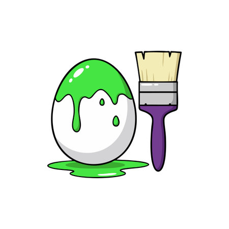 Vector image showing an egg covered with green paint dripping beside a purple paintbrush, illustrating creativity and artistic decoration, playful mood.のイラスト素材