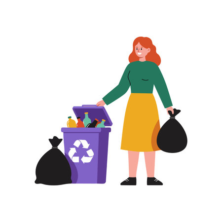 Woman with red hair recycles glass bottles and holds garbage bags near a purple recycling bin promoting eco-friendly habits in a simple style. Cheerful mood.のイラスト素材