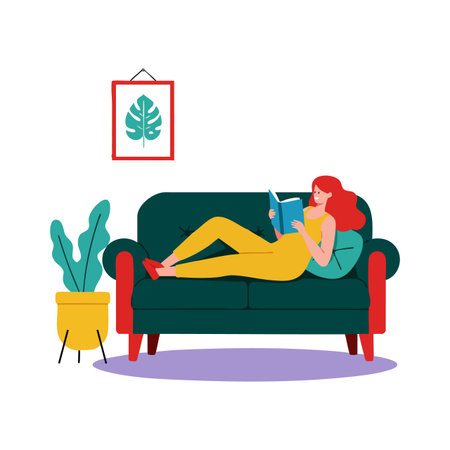 Woman with red hair lies on dark green sofa reading book in a cozy modern living room with potted plant and framed wall art calm moodのイラスト素材