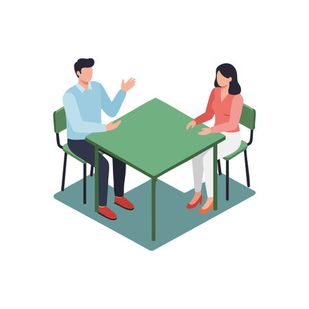 Two individuals engage in a discussion while seated at a green table, featuring a modern isometric design style, conveying a calm and professional mood.のイラスト素材
