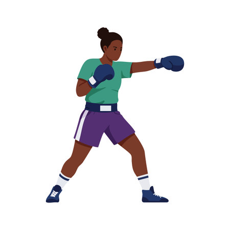 Woman in boxing stance wearing gloves punches forward with focus and strength against white background, sporty and determined mood.のイラスト素材