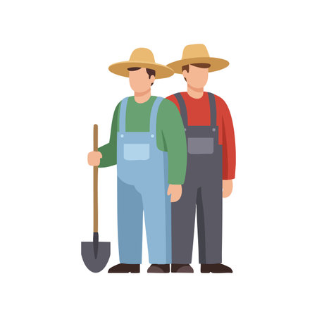 Illustration features two farmers in hats and overalls, one holding a shovel, standing side by side in a simple style, depicting teamwork and agriculture. Calm mood.のイラスト素材