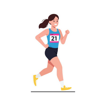 Illustration shows a female athlete running in sportswear with race number twenty one, presenting energy and motion in a clean vector style. Motivational mood.のイラスト素材