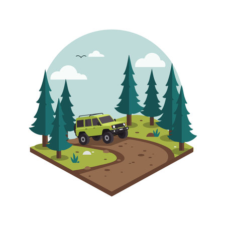 Vector illustration shows offroad vehicle driving on winding forest trail with pine trees and clouds, evoking calm and adventurous mood.のイラスト素材