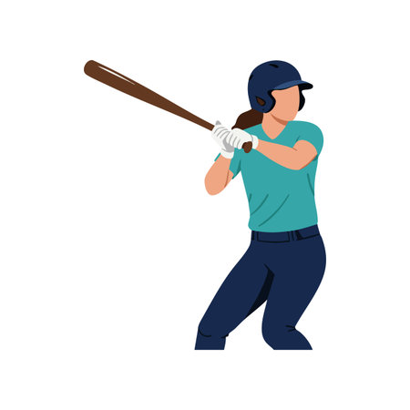 Illustration shows a baseball player in teal shirt and navy pants swinging a bat actively during a game, dynamic and energetic mood.のイラスト素材