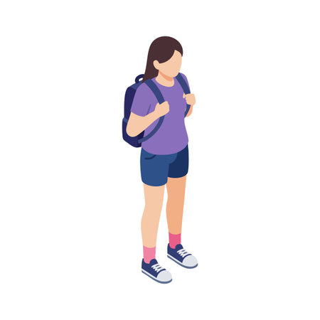 Vector shows girl standing with backpack wearing purple shirt and blue shorts, casual summer outfit, relaxed posture, simple style, bright mood.のイラスト素材
