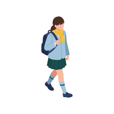 Vector illustration of a schoolgirl walking with a blue backpack, yellow scarf, and green skirt in casual outfit, active and youthful mood.のイラスト素材