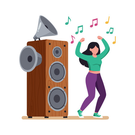 Woman enjoys music loudly playing from vintage wooden speaker with colorful notes, dancing energetically in casual clothes, joyful and lively mood.のイラスト素材