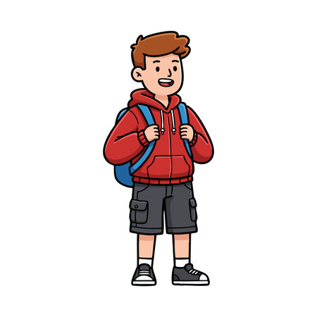 Illustration of a cheerful boy wearing a red hoodie and blue backpack standing confidently in casual attire. Friendly and upbeat mood.のイラスト素材