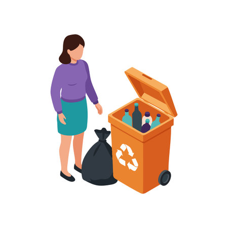 Woman stands next to orange recycling bin filled with bottles and holds black trash bag, promoting recycling habits in a clean environment. Calm mood.のイラスト素材
