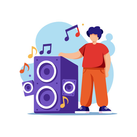 Illustration shows a young person standing beside a large purple speaker emitting colorful music notes in a lively setting. Vibrant and playful mood.のイラスト素材