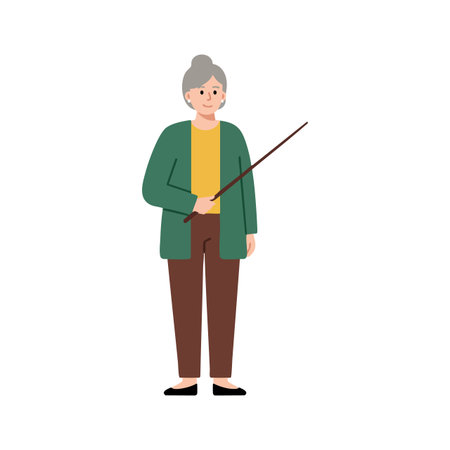 Illustration shows an elderly woman standing calmly holding a pointer stick in casual clothing, conveying a serene and instructive mood.のイラスト素材
