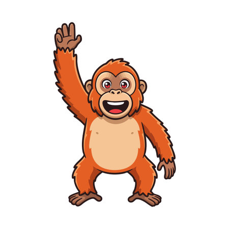 This vector image shows a cheerful cartoon monkey with orange fur waving its hand happily, expressing joy and playfulness. Fun and lively mood.のイラスト素材