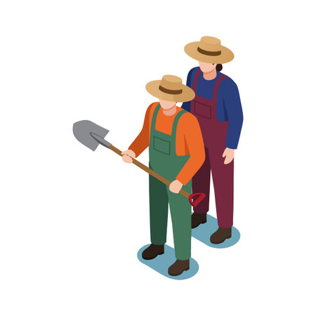 Two male farmers wear hats and overalls working with a shovel in a farm field, representing agricultural labor and teamwork, calm mood.のイラスト素材
