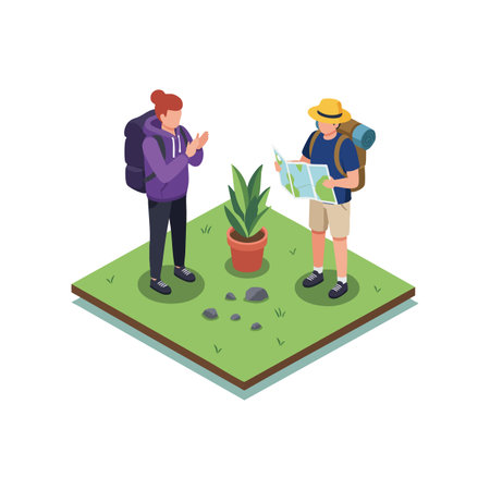 Two hikers stand on grass, one holding a map with a backpack and hat, exploring nature near a green potted plant. The scene is calm and adventurous.のイラスト素材
