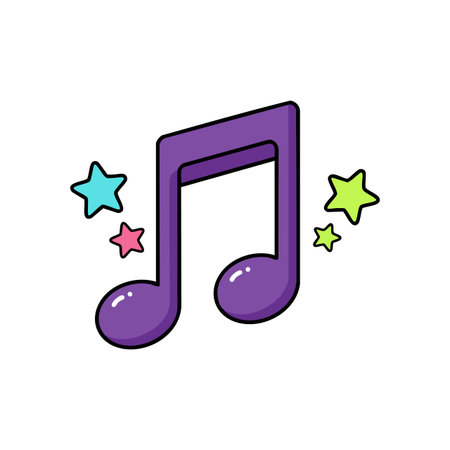 Vector image showing a purple music note surrounded by colorful stars, symbolizing music and creativity in a cheerful style.のイラスト素材