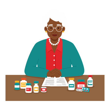 Illustration shows elderly woman with glasses reading medication instructions, surrounded by various medicine bottles on table, calm mood.のイラスト素材