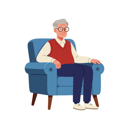 Illustration shows an elderly man sitting comfortably in a blue armchair wearing a red vest and glasses in a calm, peaceful mood.のイラスト素材