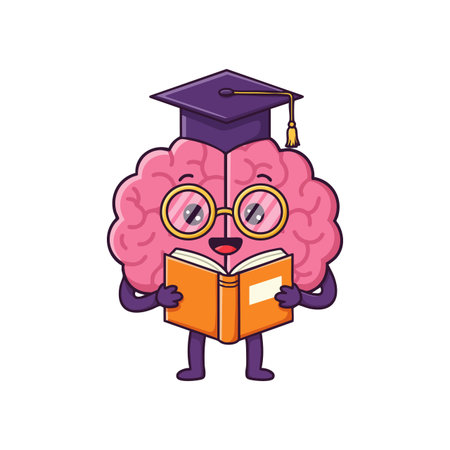 Cartoon brain character with glasses and graduation cap reads a book, symbolizing education and knowledge in a cheerful mood.のイラスト素材