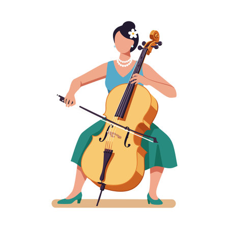 Woman in green dress plays cello with bow, wearing pearl necklace and flower in hair, performing classical music mood elegant.のイラスト素材