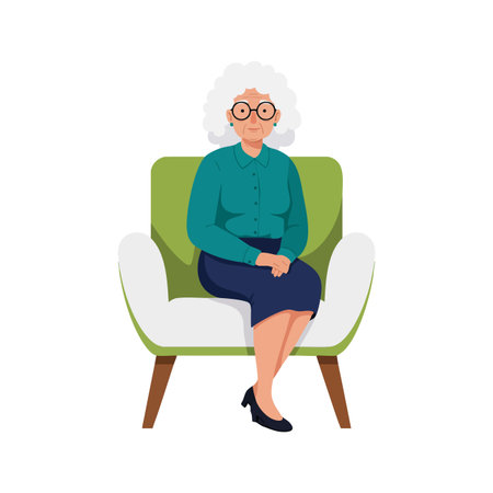 Vector illustration of an elderly woman with white hair sitting calmly on a green and white chair, wearing glasses and casual clothing, peaceful mood.のイラスト素材