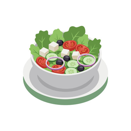 This vector illustration shows a fresh vegetable salad with tomatoes, cucumbers, olives, feta cheese, and leafy greens in a white bowl, wholesome and colorful. Healthy and appetizing mood.のイラスト素材