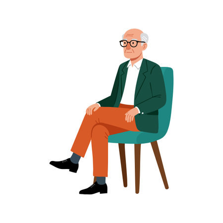 Illustration shows an elderly man in glasses sitting comfortably on a chair with calm and relaxed mood.のイラスト素材