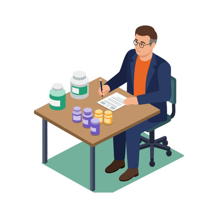 Man is seated at office desk writing on medical forms surrounded by various medicine bottles in a professional setting. Calm mood.のイラスト素材