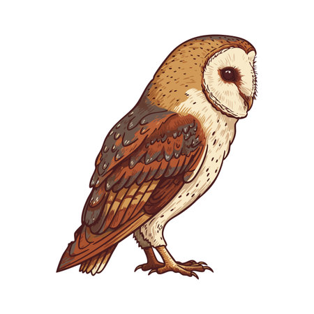 Illustration shows a barn owl in side profile with brown and cream feathers, detailed texture, and natural posture, conveying calmness and serenity.のイラスト素材