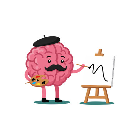 A cartoon brain wearing a beret and mustache paints on a canvas with a palette, symbolizing creativity and imagination in a playful style. Cheerful.のイラスト素材