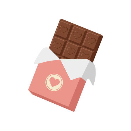 Vector illustration shows a chocolate bar partially wrapped in pink paper with heart symbols. The image is simple and charming. Cheerful.のイラスト素材