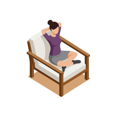 Illustration shows a woman sitting comfortably on a cushioned armchair with crossed legs and hands behind head, conveying relaxation and calm mood.のイラスト素材