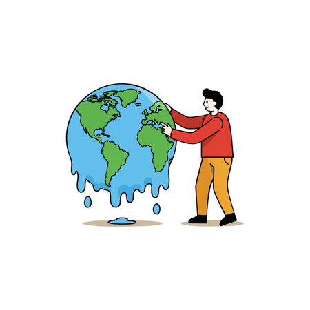 Illustration shows a man in red shirt holding a melting Earth globe, representing urgent climate...