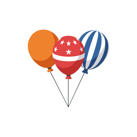 Three colorful celebration balloons featuring orange, red with stars, and blue with stripes floating against a white background, cheerful mood.のイラスト素材