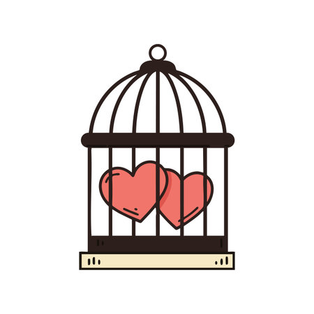 Vector image of two pink hearts trapped inside a black birdcage with beige base, symbolizing love confinement, presented in minimalist style. Calm mood.のイラスト素材
