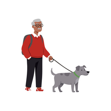 Elderly man with gray hair and glasses walks a gray dog on a leash wearing casual clothes and a backpack. Calm and friendly mood.のイラスト素材
