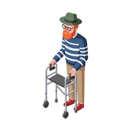 Elderly man with red beard wears green hat and striped sweater while using a walker for support, illustrating mobility assistance and care. Calm mood.のイラスト素材