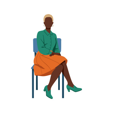 Woman with short blonde hair sits calmly on chair wearing stylish green blouse and orange skirt in vector style. Calm and composed mood.のイラスト素材