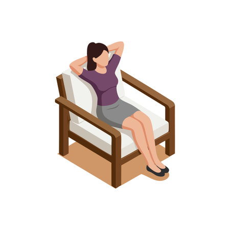 The woman sits comfortably in a cushioned armchair with hands behind her head, enjoying a moment of relaxation and calmness. Peaceful mood.のイラスト素材
