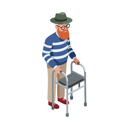 Elderly man with red beard uses a walker for support, dressed in casual striped sweater and hat, standing confidently in a simple vector style. Calm mood.のイラスト素材